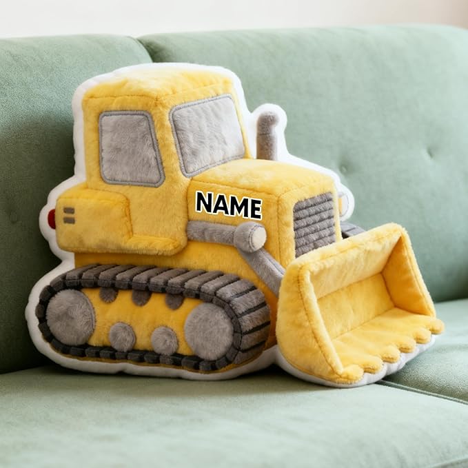 Custom Bulldozer Shaped Pillow Cute Personalized Name Plush Doll, Double-Sided Construction Engineering Vehicle Pillow for Kids, Birthday gifts for Boys and Girls Sofa Decorative Pillows 8-32in