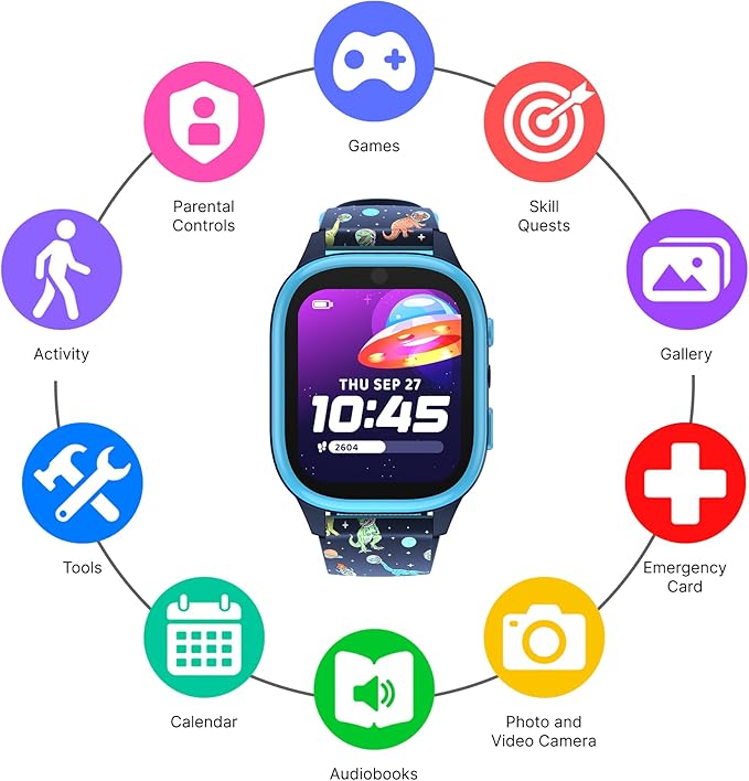 PlayZoom 4 Kids Smartwatch, Educational Tech Toy – 25+ Games, Selfie Camera, Audiobooks, Step Tracker, Water‑Resistant, Parental Controls, Long Battery, Ages 4‑12 (Navy Dinosaurs)
