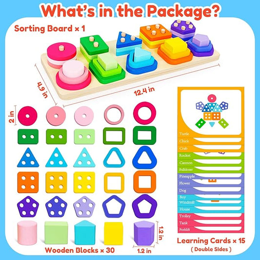 Montessori Toys for 1 2 3 Year Old Boys Girls Birthday Gifts Color Shape Sorters Wooden Stacking Toys for Toddlers 1-3 Puzzles Blocks for Toddlers 2-4 Preschool Learning Educational Sensory Travel Toy