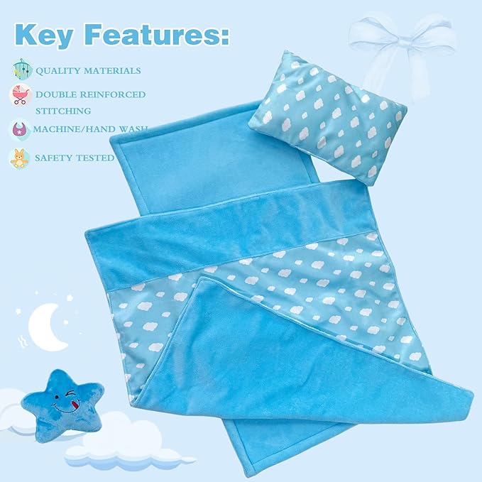 Baby Doll Accessories Bedding Set Soft Blanket Mattress Pillow Dolls Playset Fits 16-18 Inches American Doll Furniture Toy Girls and Boys (Blue)