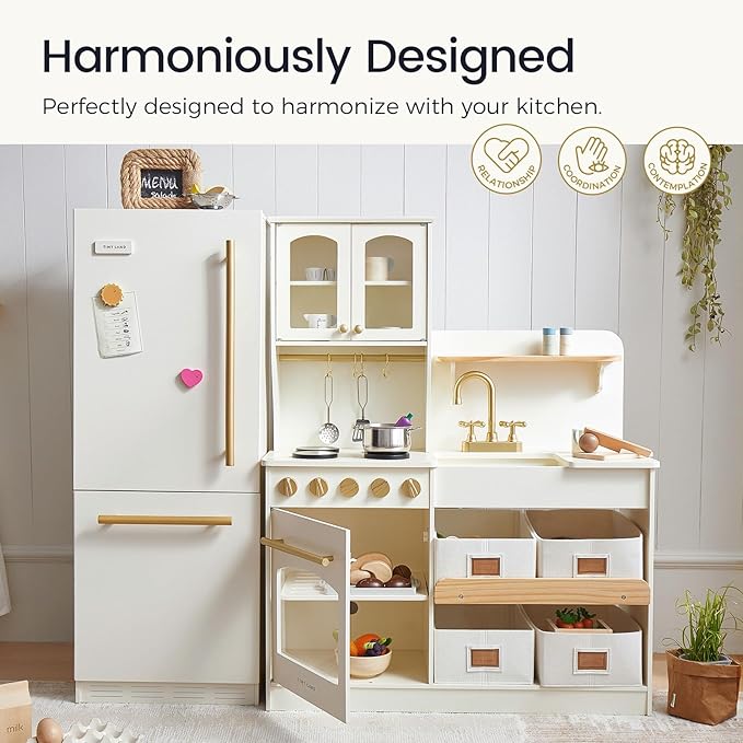 Tiny Land Wooden Toy Fridge with Spacious Storage, Realistic Play Kitchen Refrigerator for Kids’ Pretend Play with Three Freezer Magnets