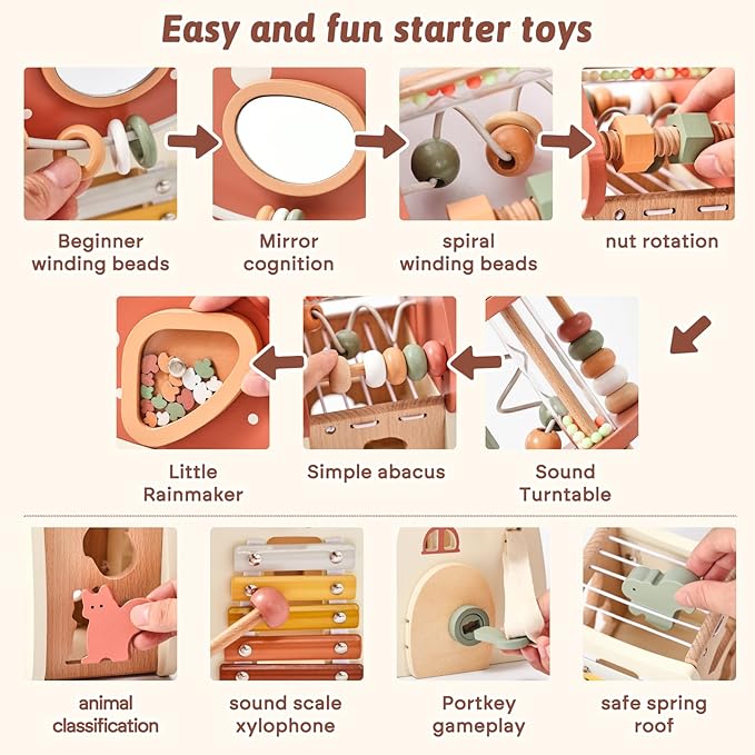 Youuys Wooden Activity Cube - 11-in-1 Montessori Toys for 1+ Year Old Boys & Girls, Multipurpose Educational Sensory Toys for Toddler, First Birthday Gift, Busy Board Toys for 18 Months (Mushroom)