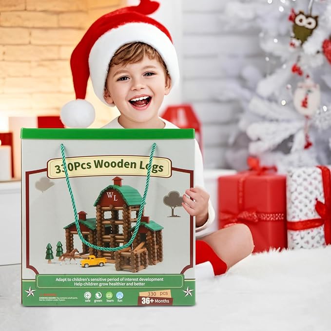 Wondertoys 330 Pcs Wooden Log Set Real Wood Logs Classic Building Log Ages 3+ Best Retro Building Gift Set for Boys Creative Construction Engineering Educational Gifts