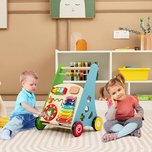 HONEY JOY Baby Push Walker, Wooden Infant Walker Activity Center with Shape Sorter, Develop Motor Skills & Creativity, Push Toys for Babies Learning to Walk, Gift for Boys and Girls, Colorful