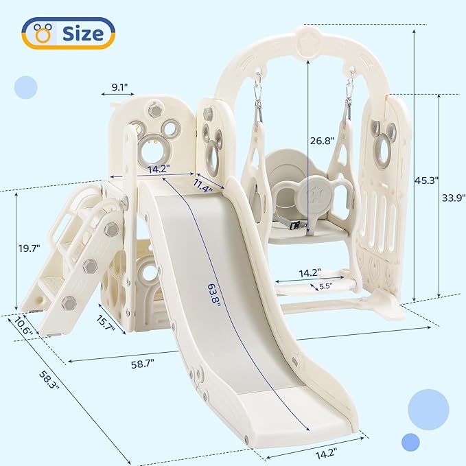 Arlopu 7 in 1 Toddler Slide and Swing Set, Kids Climber Playset with Ball & Hoop, Telescope, Suction Cup Reinforced Base, Baby Indoor Outdoor Playground (White)