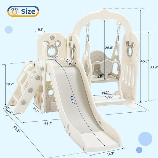 Arlopu 7 in 1 Toddler Slide and Swing Set, Kids Climber Playset with Ball & Hoop, Telescope, Suction Cup Reinforced Base, Baby Indoor Outdoor Playground (White)