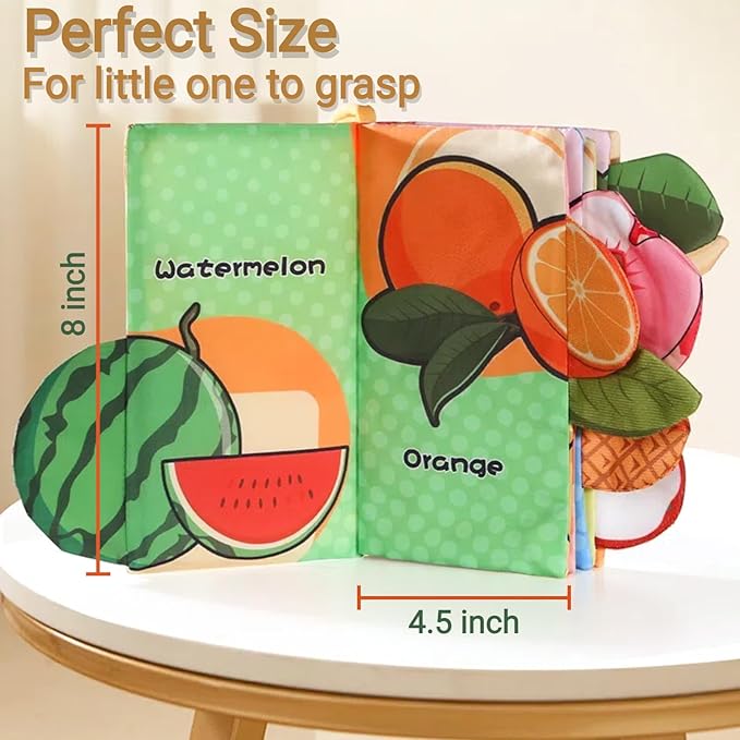 Baby Books 0-6 to 12 Months, Infant Soft Cloth Tummy Time Toys for Babies 0-3-4-5-7-8-9, Christmas Newborn Girl Boy Gifts Crinkle Touch Feel Sensory Fruit Book for Car Seat Stocking Stuffers