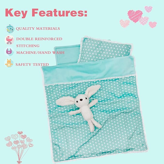 Baby Doll Accessories Bedding Set Soft Blanket Mattress Pillow Dolls Playset Fits 16-18 Inches American Doll Furniture Toy Girls and Boys (Green)