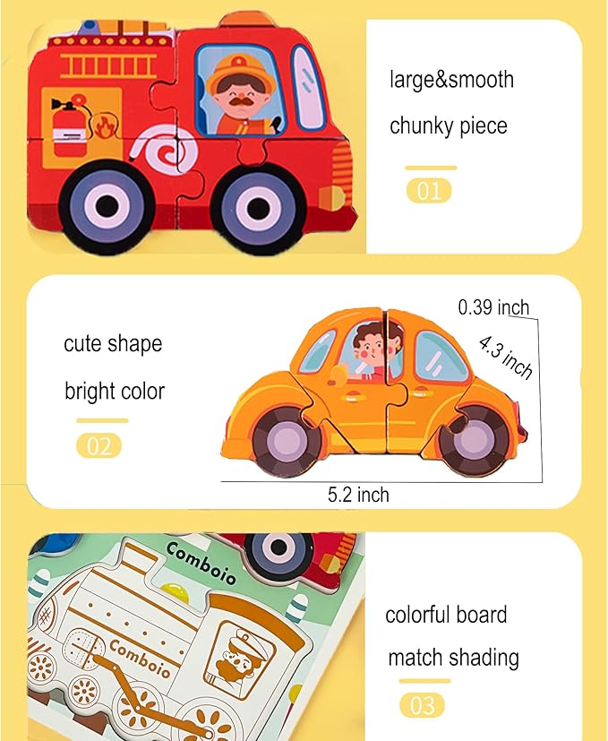 Wooden Puzzles for Toddlers 1-3 Years Old, Children Jumbo Base Vehicle Puzzles 2-4,Toddler Boys Toys Educational Blocks Kids Birthday Gifts
