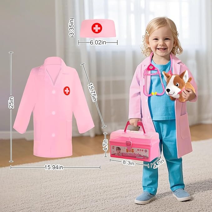Doctor Kit for Toddlers 3-5 Dress Up for 2+ Year Olds Girls Pretend Veterinarian Toddler Doctor Play Set with Stethoscope Pink Costume Dog Toy Christmas Birthday Gifts for 2 3 4 5 6 Year Old Girls