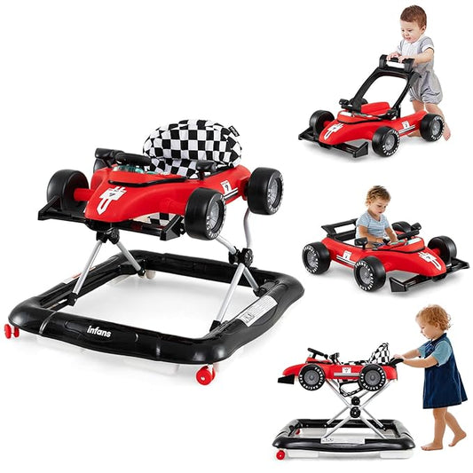 INFANS 4 in 1 Baby Walker, Foldable Toddler Activity Center with Adjustable Height, Padded Seat, Music, Light, Removable Tray, Push Walker for Girls Boys Aged 6-18 Months (Red)