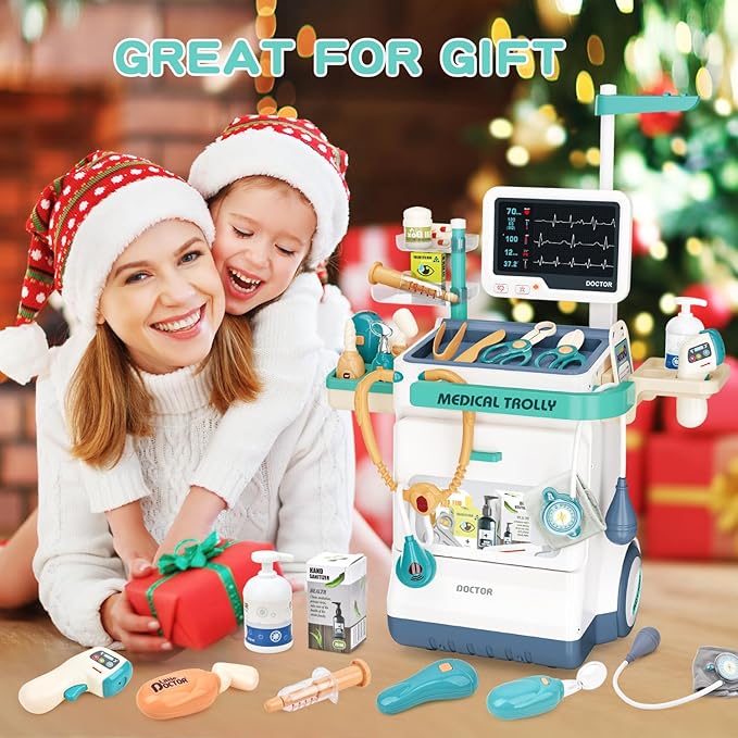 Doctor Kit for Kids 28 Accessories Pretend Medical Station Set Mobile Cart with Lights,Thermometer, Stethoscope and Doctor Costume Role Play Role Play Educational Toys for Boys & Girl Toddlers