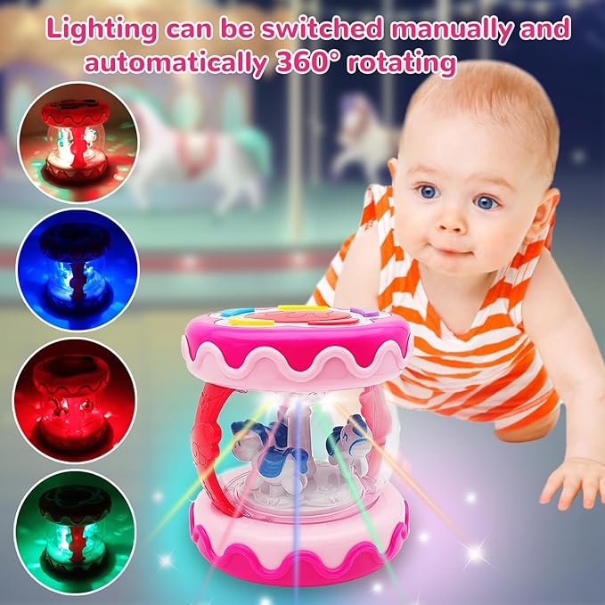 Baby Girl Toys 18+ Months Hand Drum Rotating Musical Light Up Sensory Activity Crawling Toys 2 3+ Year Old Infant Girls Baby Gifts (Pink)