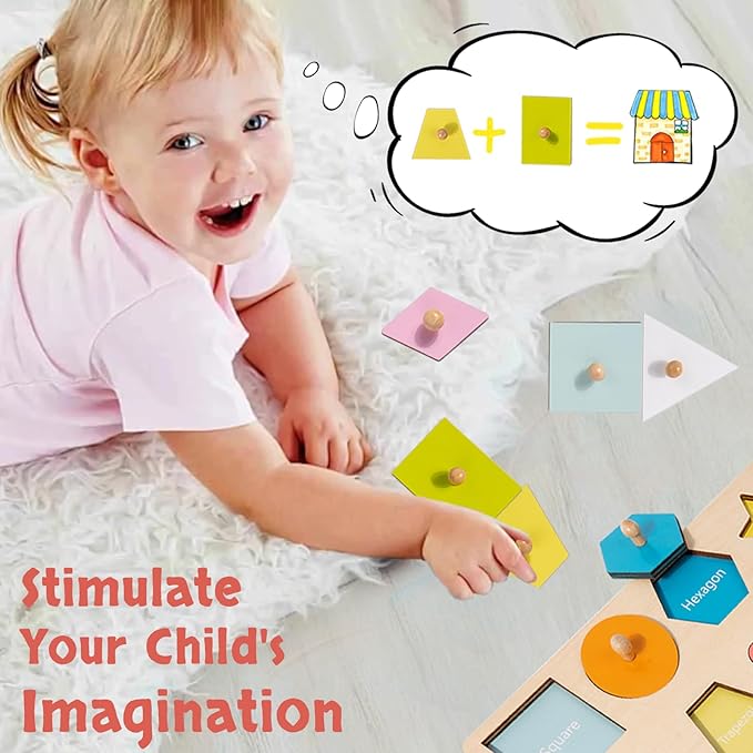 Montessori Toy for Babies 12-18 Months Wooden Shape Puzzles for Toddlers 1-3,Shape Peg Puzzles,Baby Puzzle 12-18-24 Months with Knob,Color & Shape Sorter for Toddlers(12 Geometric Shapes)