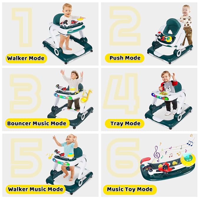 6 in 1 Baby Walker, Baby Activity Center for Toddler, Walker Rocker Bouncer w/Adjustable Height Speed, Learning-Seated & Walk-Behind, Infant Walker w/Feeding Tray & Music Toys, Green