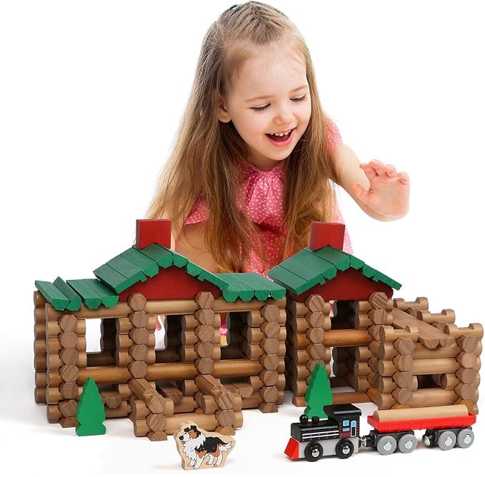 Wondertoys 208 Pcs Wooden Log Set - Classic Building Logs Ages 3+ - Best Retro Building Gift Set for Boys - Creative Construction Engineering Educational Gifts