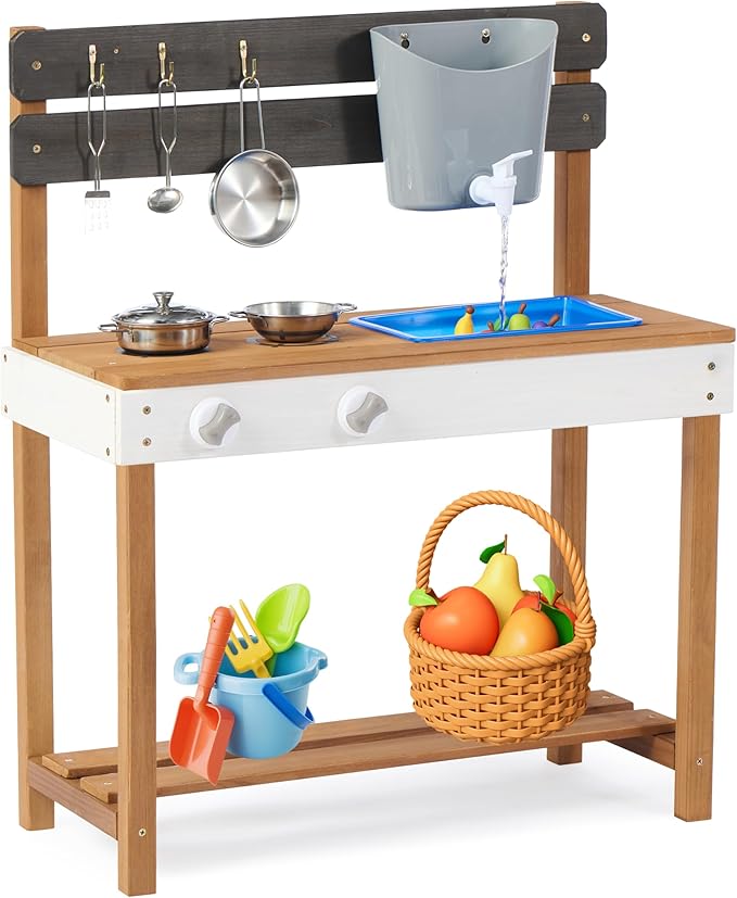 Kid's Wooden Play Kitchen, Outdoor Mud Kitchen with Water Play Set and Cooking Toys, Backyard Play for 3+ Years Kid