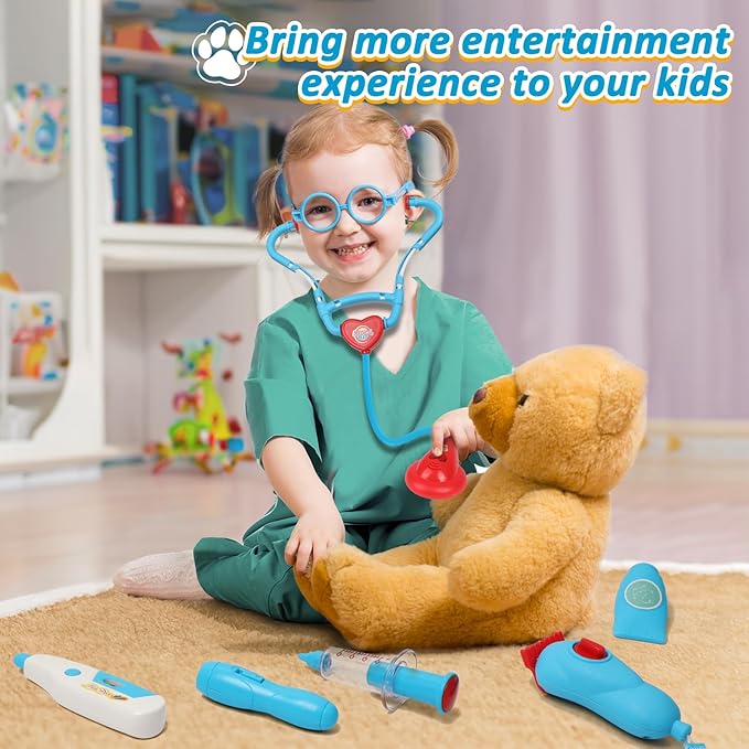 Liberry Doctor Kit for Toddlers 3 4 5 6 Years Old, 28 Pcs Kids Doctor Playset with Dog Toy, Stethoscope and Dress Up Costume, Pretend Play Medical for Boys Girls (Blue)