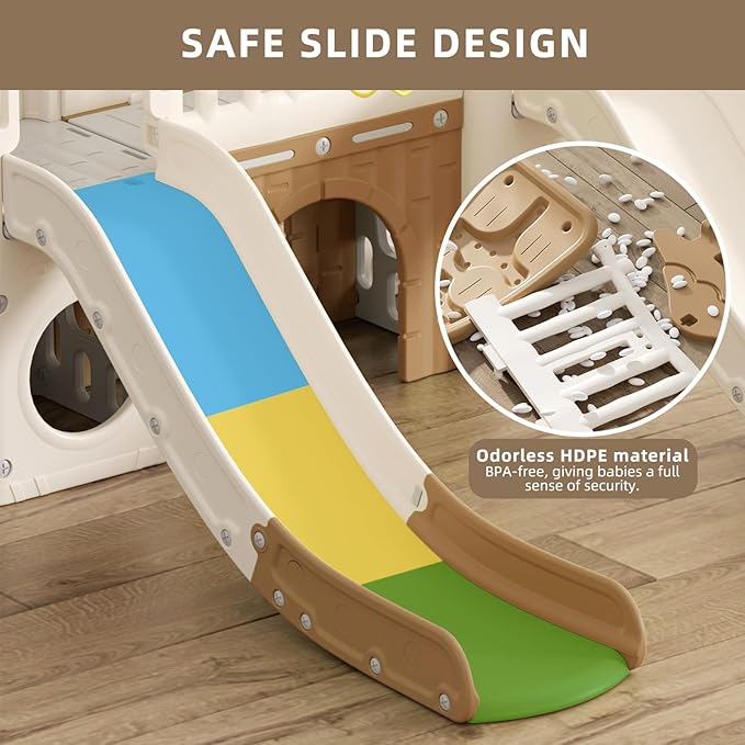 KORIMEFA 10-in-1 Toddler Slide, Kid Double Slide for Toddlers Age 1-3, Basketball Hoop, and Telescope, Indoor Outdoor Slide Toddler Playset Toddler Playground, Forest Themed Brown
