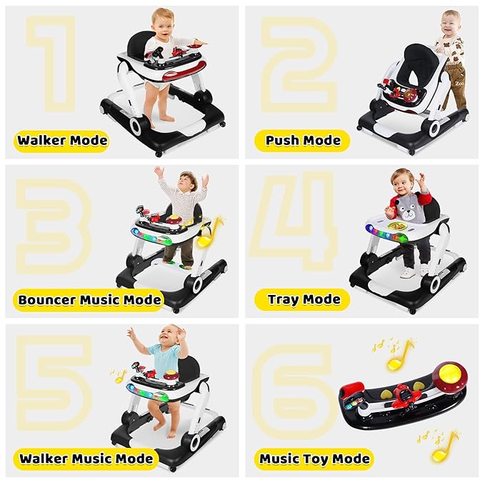 6 in 1 Baby Walker, Baby Activity Center for Toddler, Walker Rocker Bouncer w/Adjustable Height Speed, Learning-Seated & Walk-Behind, Infant Walker w/Feeding Tray & Music Toys, Black