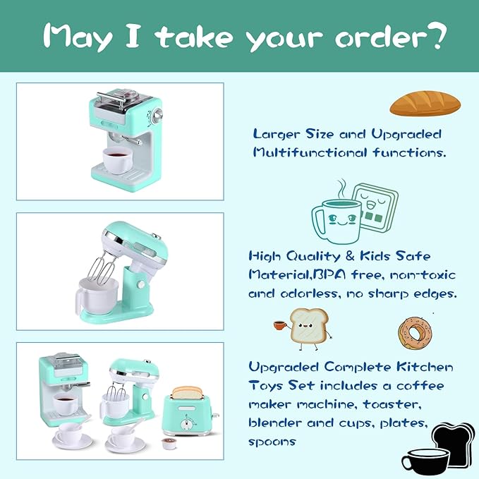 Play Kitchen Appliances Toy Set, Pretend Play Kitchen Toys Kids Kitchen Accessories Playset with Coffee Maker, Mixer and Toaster for Kids Ages 3-5 4-8 Christmas Birthday Party Gift