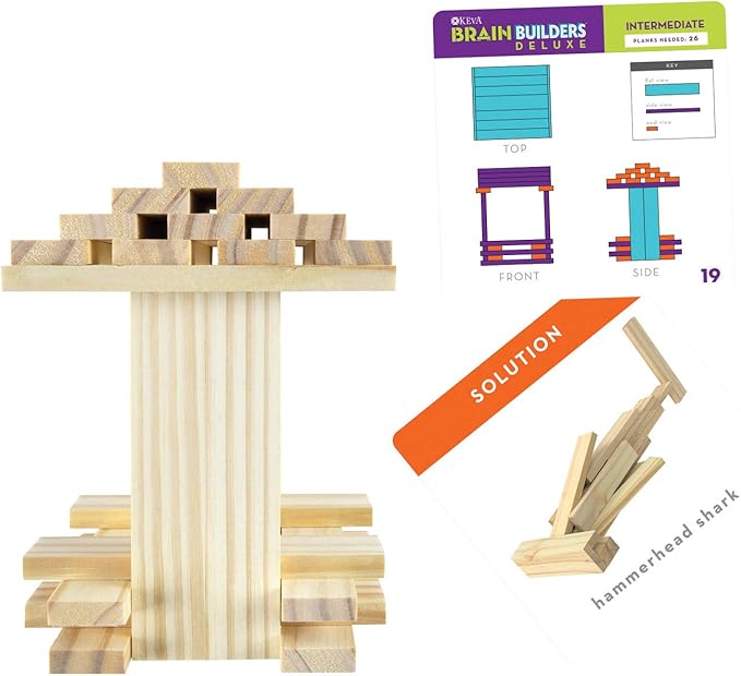 MindWare Keva Brain Builders Deluxe: STEM Building Toy Includes 75 KEVA Planks, 40 Puzzle Cards, 8 Design Cards, 3D Building Skills for Kids - Ages 7+