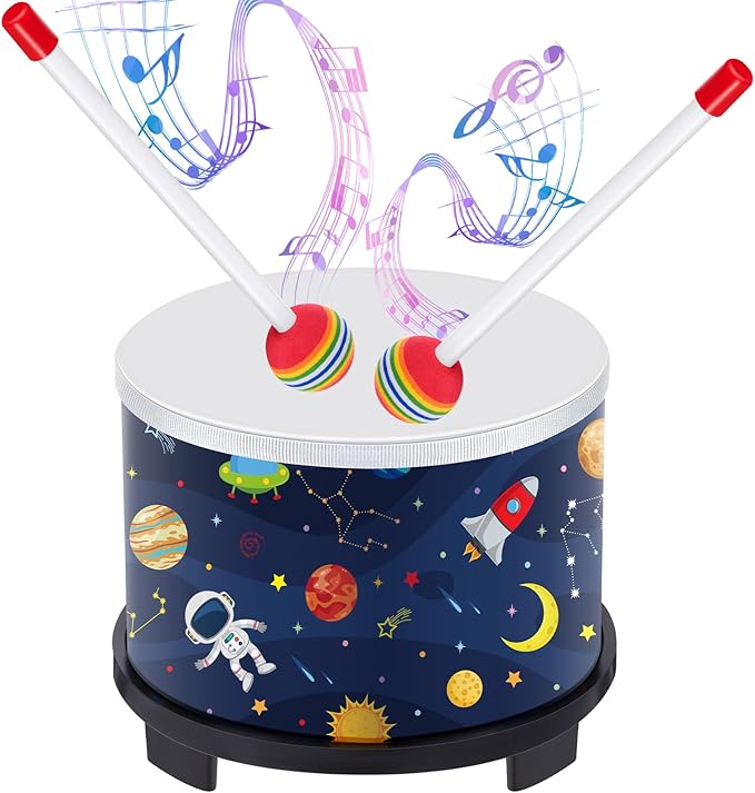 Boao Floor Tom Drum for Kids 8'' W x 6.5'' H Wooden Percussion Instrument Music Drum with 2 Rainbow Mallets Astronaut Educational Toys for Baby Children Toddler Boy Girl Birthday Gift