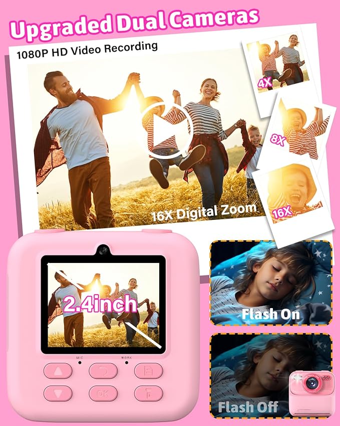Mgaolo Kids Camera Instant Print Photo,Children Digital Camera Toys Gift with HD Video for Girls Boys 3-12 Age,Chritmas Birthday Festival Present for 3 4 5 6 7 8 9 Year Old Child (Pink)