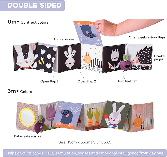 Taf Toys Urban Garden Soft Cloth Newborn Book, Crinkle Baby Book. High Contrast Sensory Toys. Early Education Activity Toy. Infant Tummy Time Toys. Multi-Sensory Textures and a Baby-Safe Mirror
