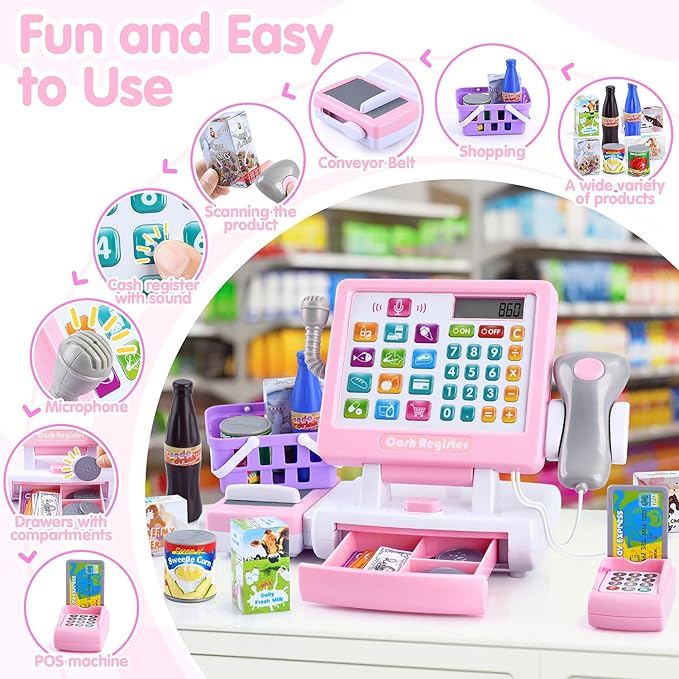 PLAY Kids Cash Register Toy - Pretend Play Calculator Register Toys with Microphone/Conveyors/Play Money/Scanner/Credit Card/Cans/Drink, 3+ Toddler Develops Early Math Skills Learning Toys