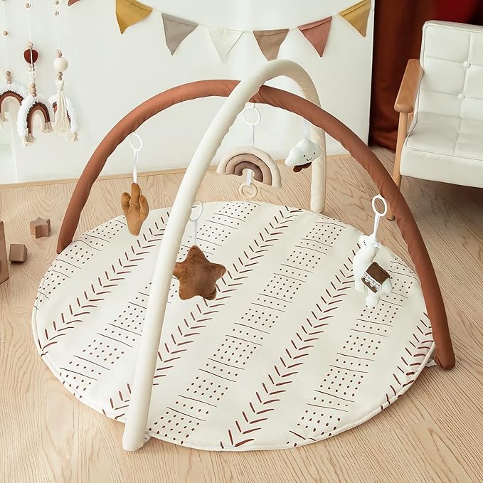 Baby Gym Mat Infant Activity Gym Mudcloth Baby Activity Center with Play Mat with 5 Toys for Babies as Shower Use