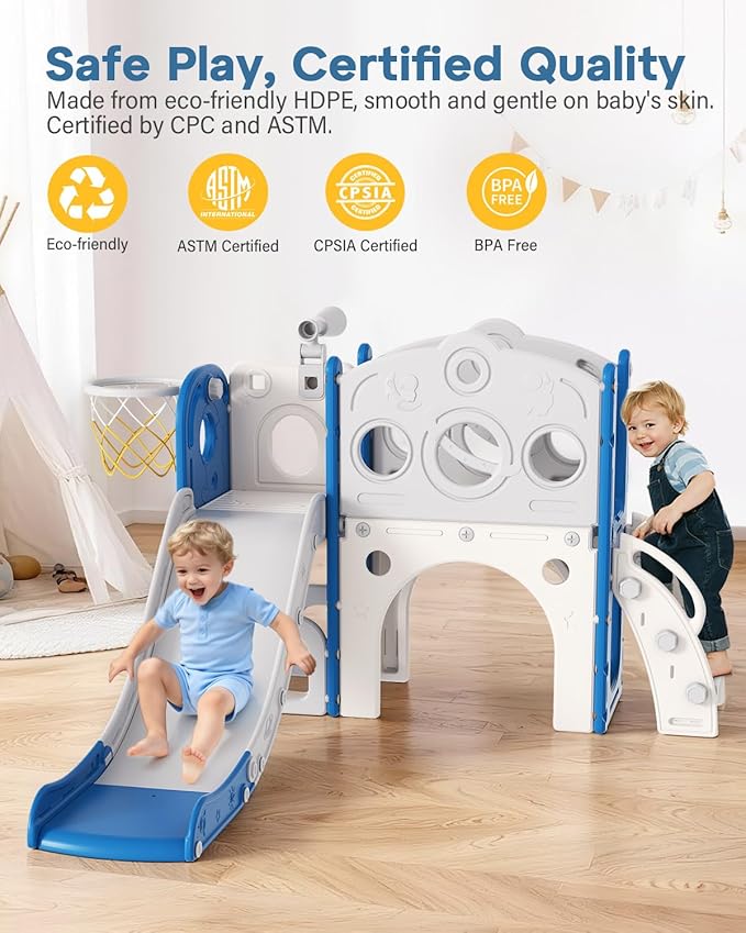 Babytronic Toddler Slide, 8 in 1 Kids Slide with Basketball Hoop, Telescope and Climber, Baby Slide Toddler Playground, Indoor Outdoor Playset for Toddlers Age 1-3, Kids Indoor Playground (Blue&Gray)
