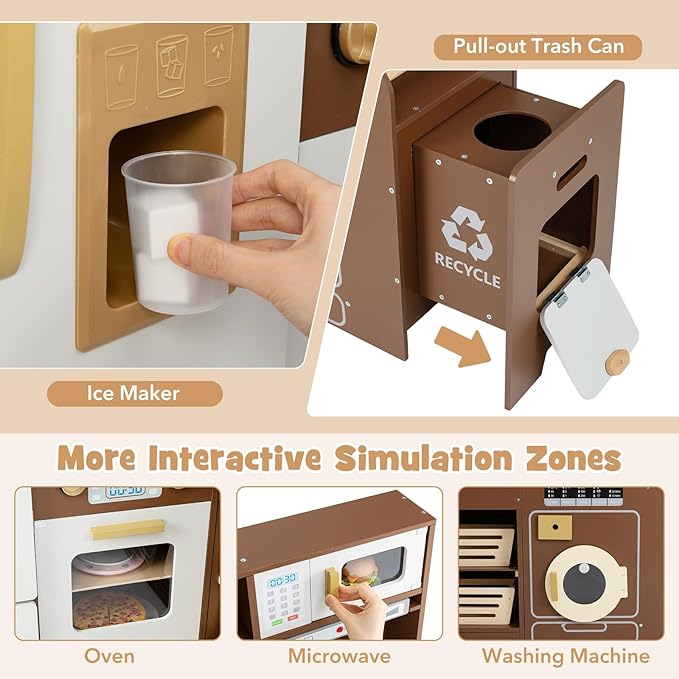 Costzon Corner Kitchen Playset, Kitchen Toy Set w/Real Lights & Sounds, Large Fridge, Ice Maker, Oven, Microwave, Washer, Trash Can & 22 Accessories, Wooden Pretend Play Kitchen for Kids 3+ (Brown)