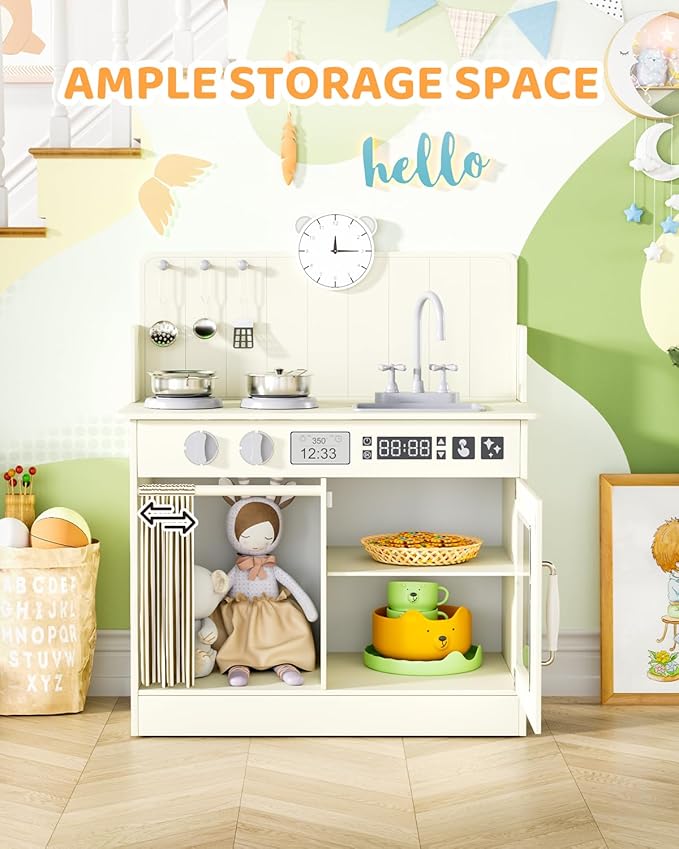 MAMIZO Play Kitchen for Toddlers, Wooden Kids Toy Kitchen Playset with Smart Storage, Ultimate Interactive, Simulated Gas Cooker, Sink & Faucet, 6 Pcs Cookware & Educational Clock (Cream)