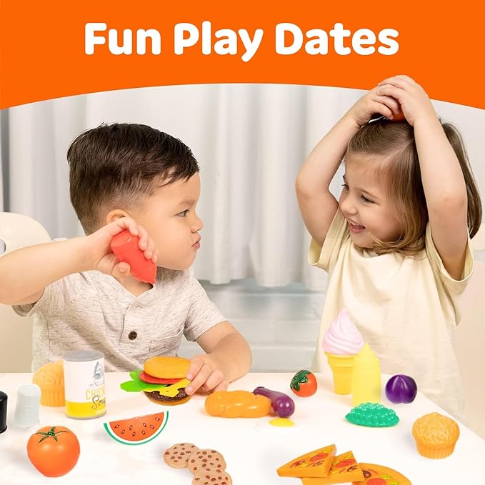 Jaxojoy 122 Piece Pretend Food Set for Kids - Food Toys for Kids Kitchen Set - Pretend Play Kitchen Accessories and Playset for Interactive and Imaginative Activities