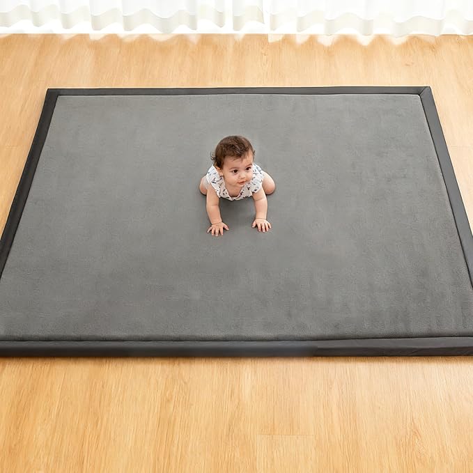 Baby Play Mat for Floor, 50'' x 50'' Thicken Foam Soft Padded Playmat for Tummy Time, Playpen Mat for Toddlers, Water-Repellent Coral Velvet, Non-slip Bottom Safe for Crawling (Dark Grey)