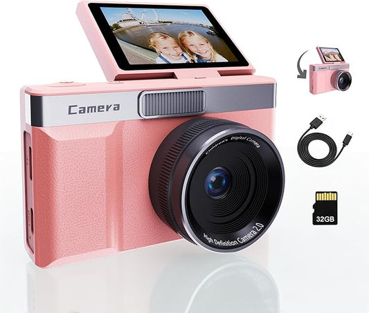 Pink Digital Camera with 2" Flip Screen for Selfie, 1080P Point and Shoot Digital Camera with 32GB Card, 8X Zoom, Portable Vlogging Camera for Kids, Teens & Beginners