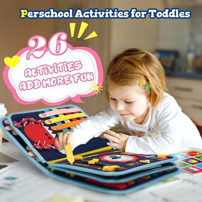 Toddler Busy Board Book Montessori Toys for 1 2 3 4 Years Old,Sensory Board Educational Activities for Learning Fine Motor Skill,Toy for Boy & Girl Birthday Gift,Toddler Toy for Airplane Car Travel﻿