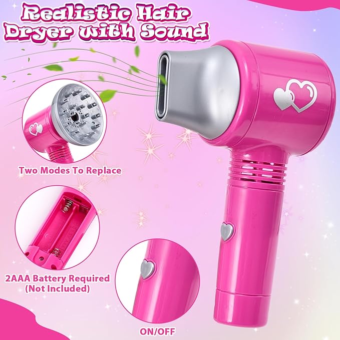 Lorfancy 49 Pcs Hair Salon Girls Toys Kids Pretend Play Makeup Sets Toddler Dress Up Beauty Hair Stylist Kit with Hairdryer Apron Curling Flat Iron Mirror Scissors Accessories Girl Birthday Gifts