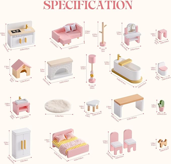 ROBOTIME Wooden Dollhouse Furniture Set, 28 PCS Miniature Dollhouse Furniture with 6 Room Kits, Dollhouse Accessories and Pretend Play Furniture, Gift for Boys and Girls Ages 3+