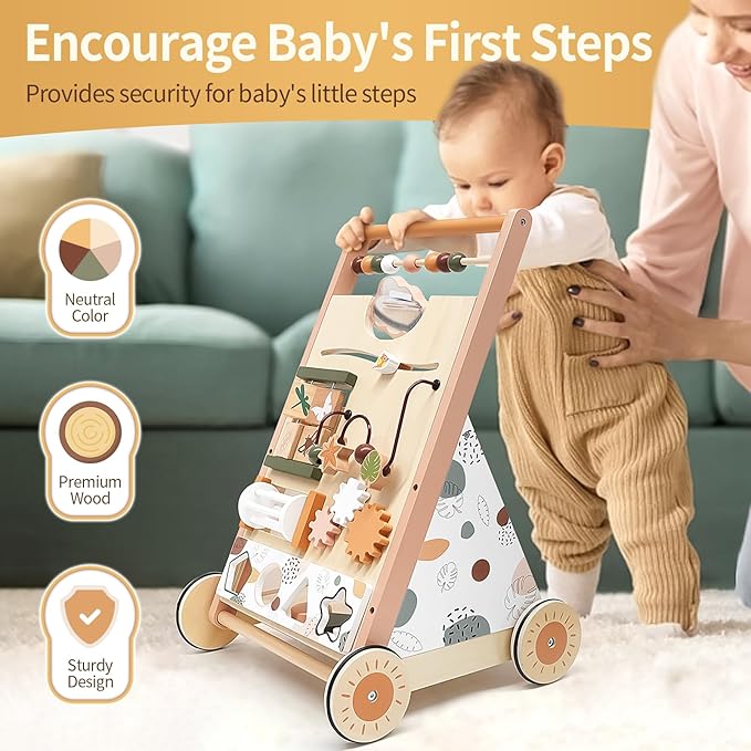 Joyreal Wooden Baby Walker Push Toys - Adjustable Speed Push Walker with Wheels and Learning Activity Center - Neutral Color Montessori Toys for Baby Boys and Girls Birthday Gifts