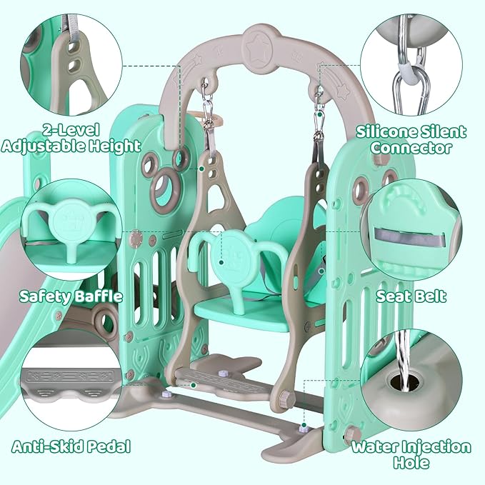 Arlopu 7 in 1 Toddler Slide and Swing Set, Kids Climber Playset with Ball & Hoop, Telescope, Suction Cup Reinforced Base, Baby Indoor Outdoor Playground (Light Green)