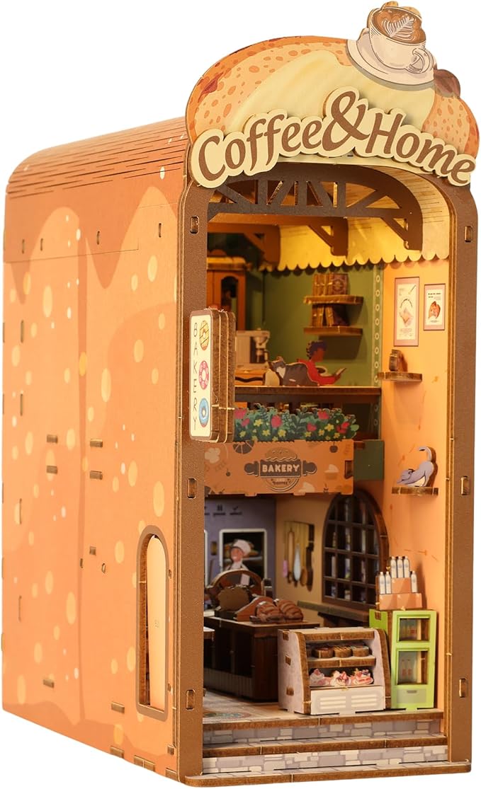 Book Nook Kit - DIY Miniature House Kit for Adults, Dollhouse Booknook Tiny House Bookshelf Decor 3D Wooden Puzzle Street Model, Ideal Gift for Book Lovers, Family, Friends (Coffee & Home)