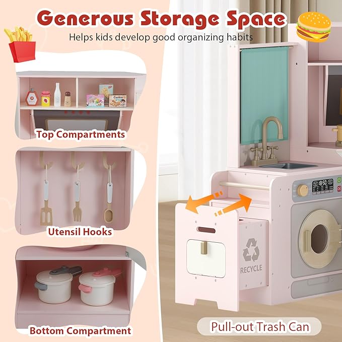 Costzon Corner Play Kitchen, Large Pretend Play Kitchen w/Real Light & Sound, Pull-Out Trash Can, Stoves, Microwave, Oven, Washer, Little Chef Wooden Kitchen Playset for Kids 3+ Years Old (Pink)