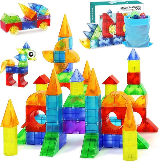 Magnetic Blocks,66 PCS Translucent Building Toys for Kids 3+,Multi Shape Magnet Building Blocks STEM Preschool Montessori Sensory Toys for 3 4 5 6 Year Old Kids Boys Girls