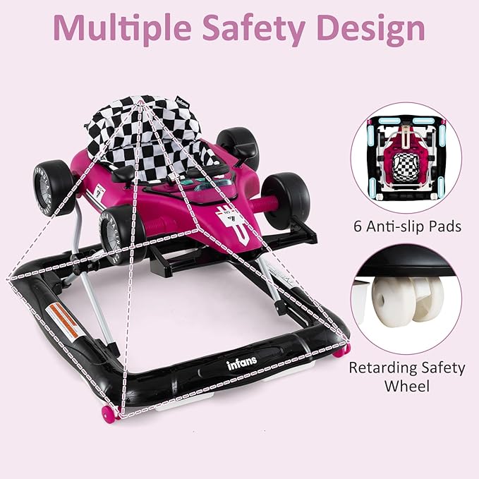 INFANS 4 in 1 Baby Walker, Foldable Toddler Activity Center with Adjustable Height, Padded Seat, Music, Light, Removable Tray, Push Walker for Girls Boys Aged 6-18 Months (Violet)