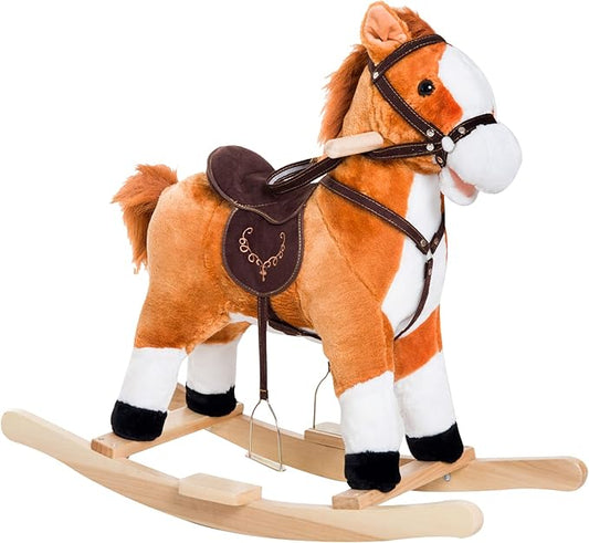 Qaba Kids Plush Toy Rocking Horse Ride on with Realistic Sounds - Brown