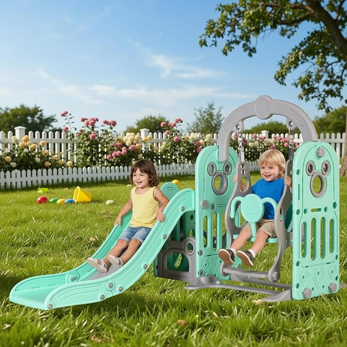 Arlopu 7 in 1 Toddler Slide and Swing Set, Kids Climber Playset with Ball & Hoop, Telescope, Suction Cup Reinforced Base, Baby Indoor Outdoor Playground (Light Green)