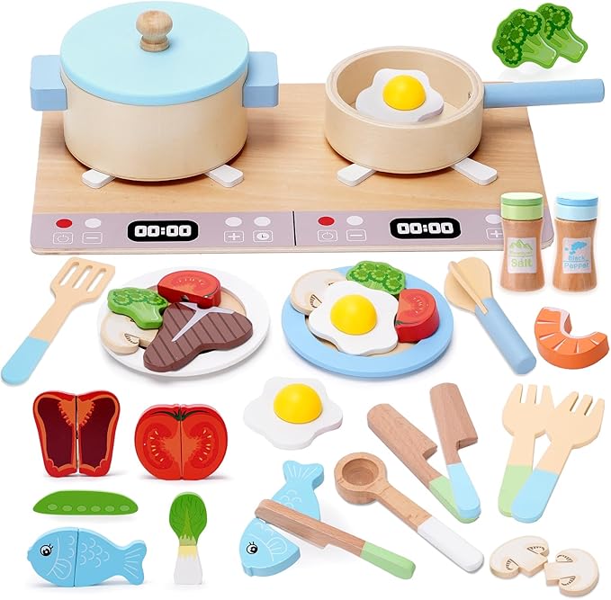 Play Kitchen Accessories, Wooden Play Cooking Set, Pretend Play Kitchen Set for Kids, Including Stove, Cookware Pots and Pans, Cooking Utensils Playset, Cutting Food Playset for Girls Boys Toddler
