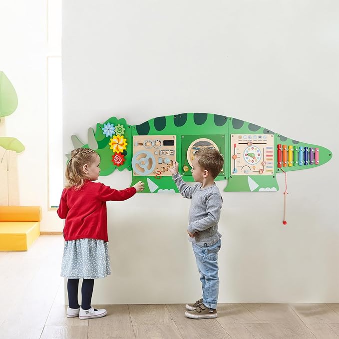 Montessori Busy Board Dinosaur Educational Toy, 4 Interchangeable Wooden Sensory Activity Board Wall Panel for Kids, Sensory Learning Toy for Boys and Girls Playroom, Toddler Room Decor